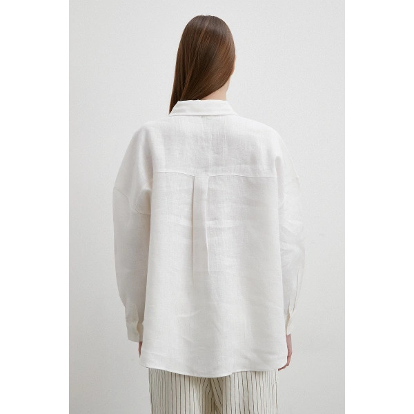 Robalı Cepli Keten Gömlek Ekru