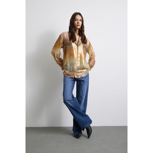 Desenli Krinkıl Gömlek Haki