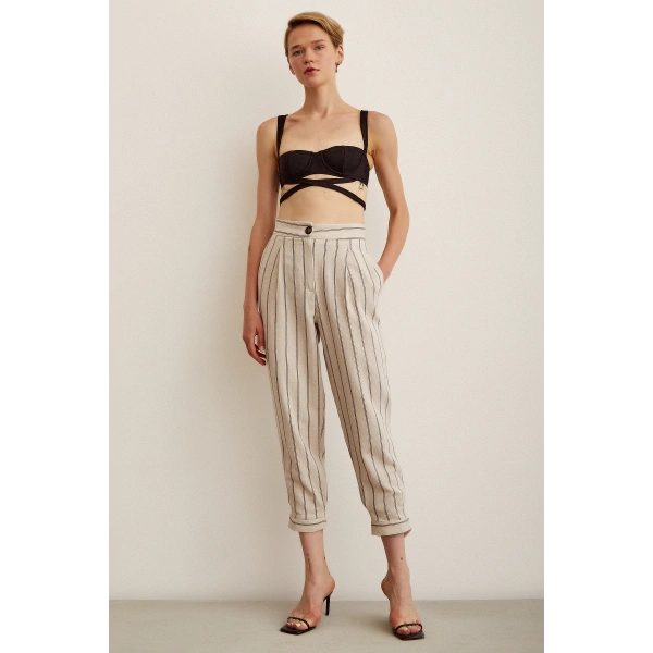 Önü Düğmeli Çizgili Pantolon Çizgili Ekru