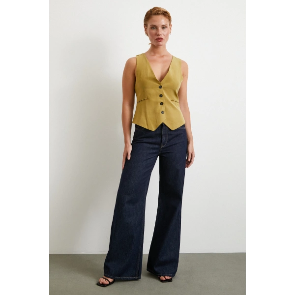 Cep Kapaklı Keten Yelek Olive