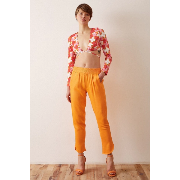 Beli Lastikli Saten Pantolon Turuncu