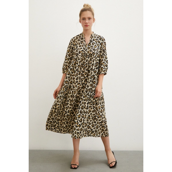 Hakim Yaka Desenli Maxi Elbise Siyah