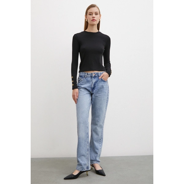 Kollu Düğmeli Bluz Siyah