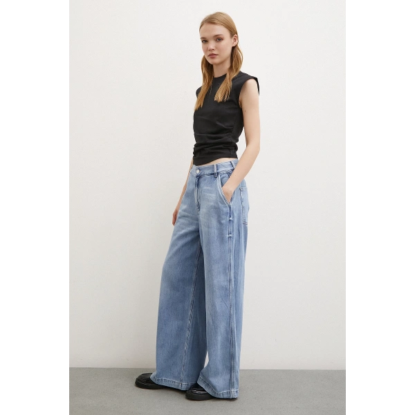 Yüksek Bel Geniş Paça Jean Buz Mavisi