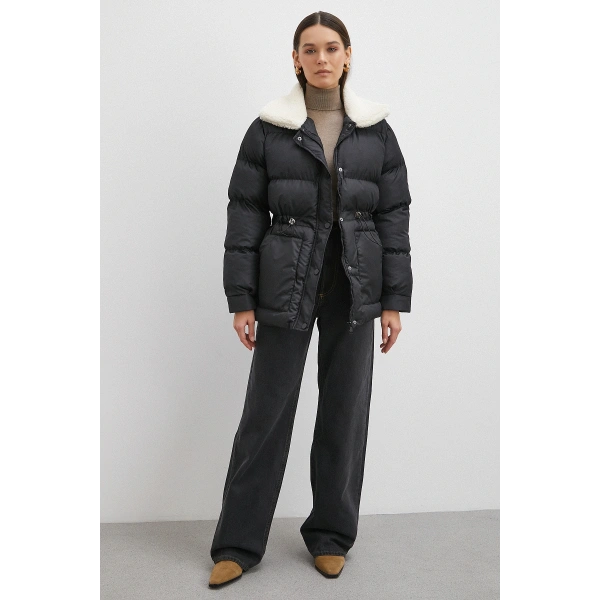 Kürk Yakalı Şişme Mont Siyah