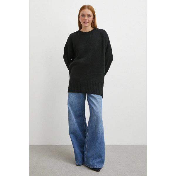 Bisiklet Yaka Fitilli Triko Kazak Siyah