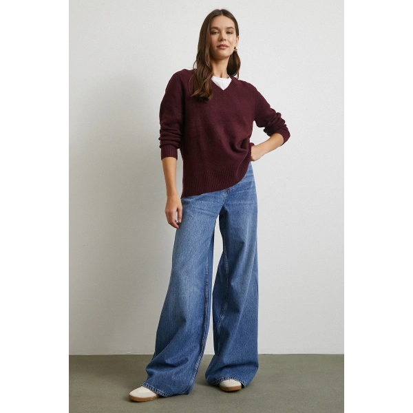 Yüksek Bel Geniş Paça Beş Cepli Jean Mavi