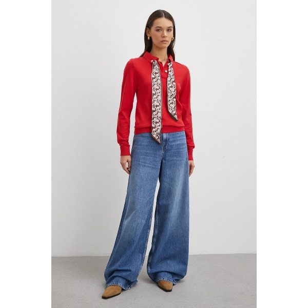 Fularlı Polo Yaka Kazak Kırmızı