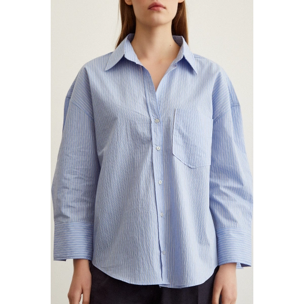 Çizgili Oversize Gömlek Mavi