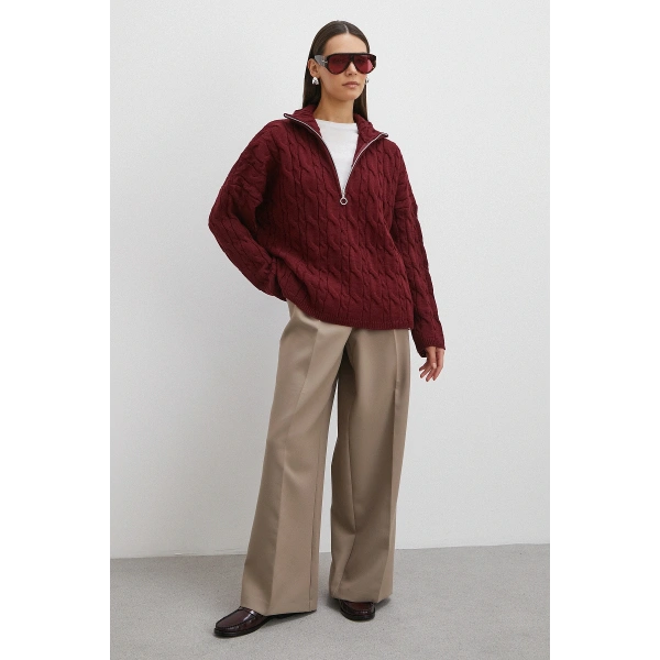 Saç Örgülü Yarım Fermuarlı Kazak Bordo