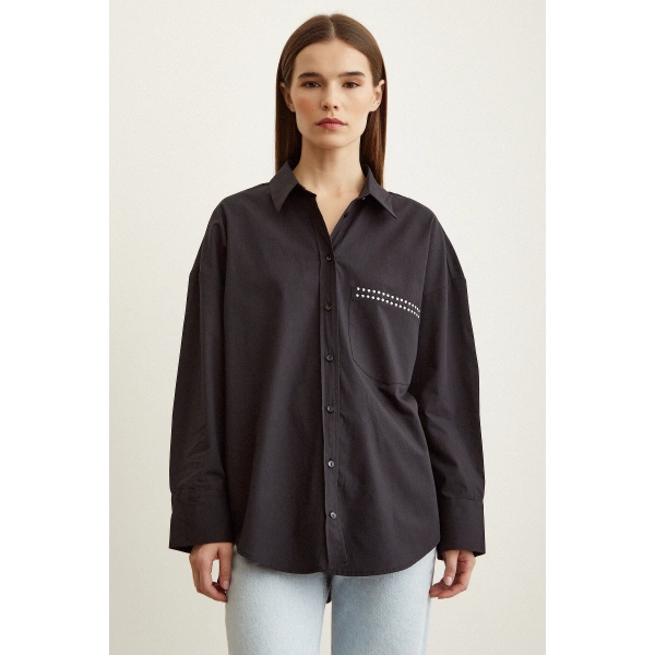Taş Detaylı Poplin Gömlek Siyah