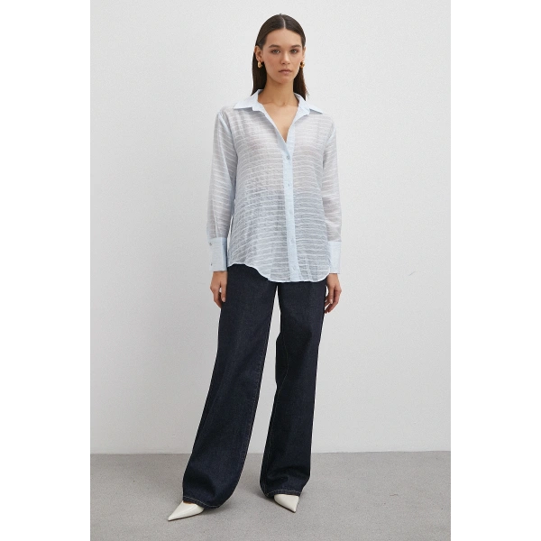 Kabartma Çizgili Gömlek Mavi