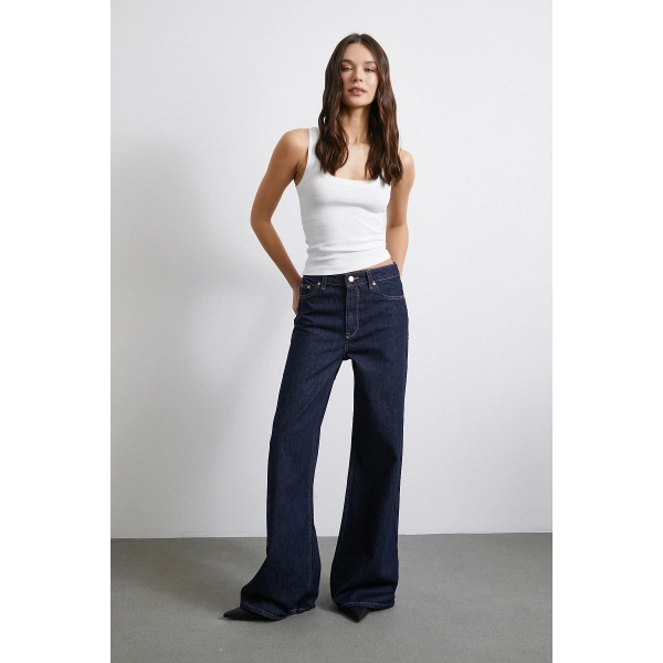 Beş Cepli Yüksek Bel Bol Paça Jean Lacivert