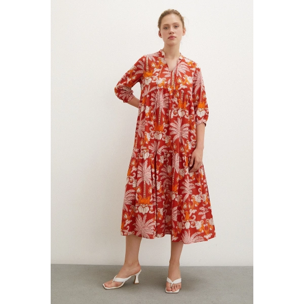 Hakim Yaka Desenli Maxi Elbise Oranj