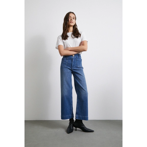 Cep Ve Düğme Detaylı Wide Leg Jean Mavi