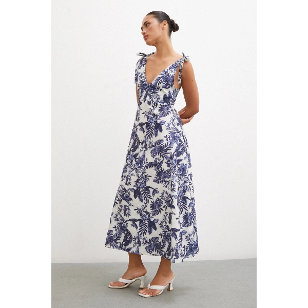 Omuz Askılı V Yaka Elbise Lacivert