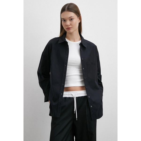 Likralı Poplin Gömlek Siyah