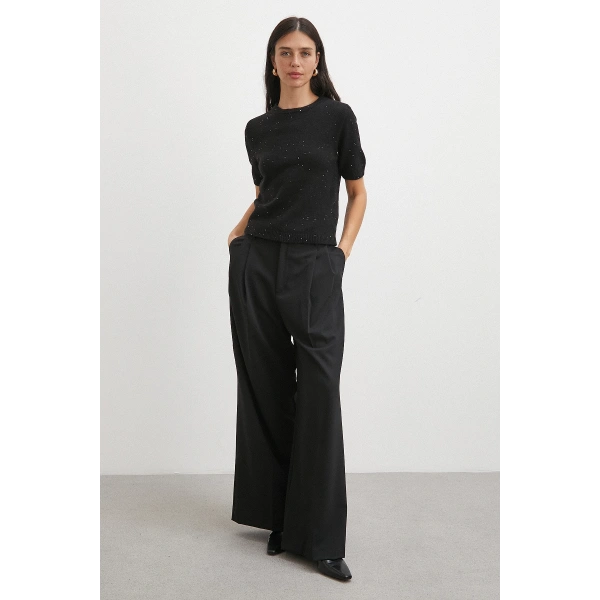 Simli Kısa Kol Kazak Siyah