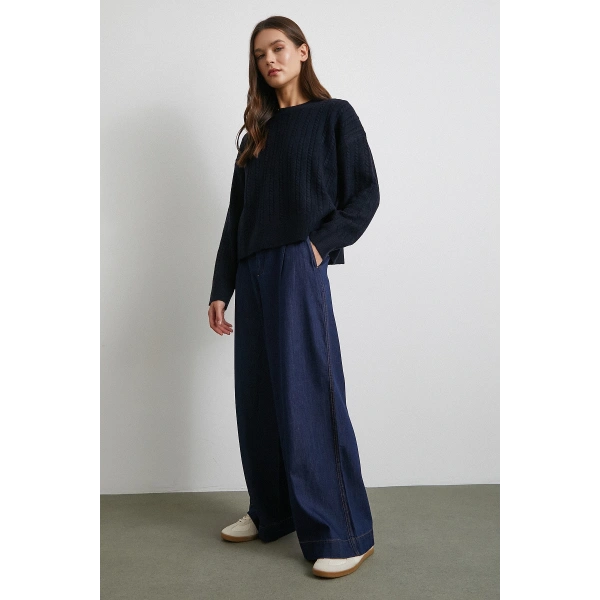 Yüksek Bel Geniş Paça Jean Lacivert