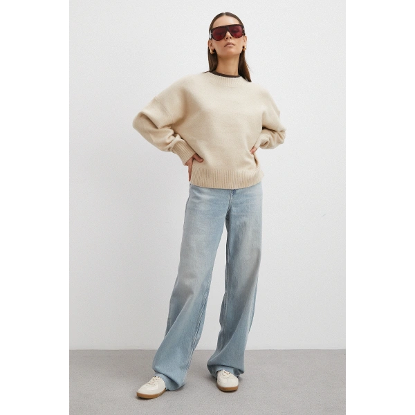 Yüksek Bel Kesik Paça Straight Buz Mavisi