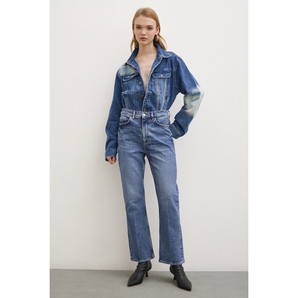 Yüksek Bel Boru Paça Jean Mavi