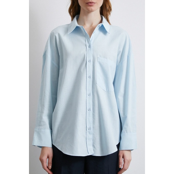 Keten Karışımlı Oversize Gömlek Mavi