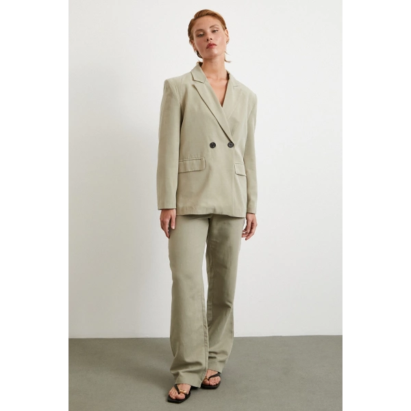 Çift Düğmeli Keten Blazer Ceket Gri