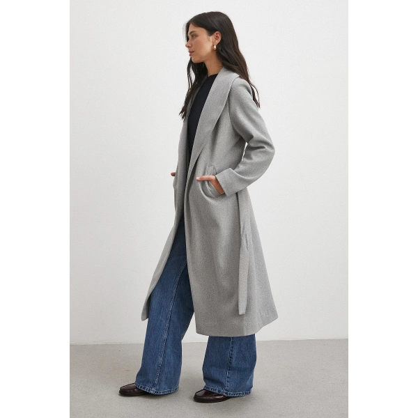 Kuşaklı Kaşe Kaban Gri