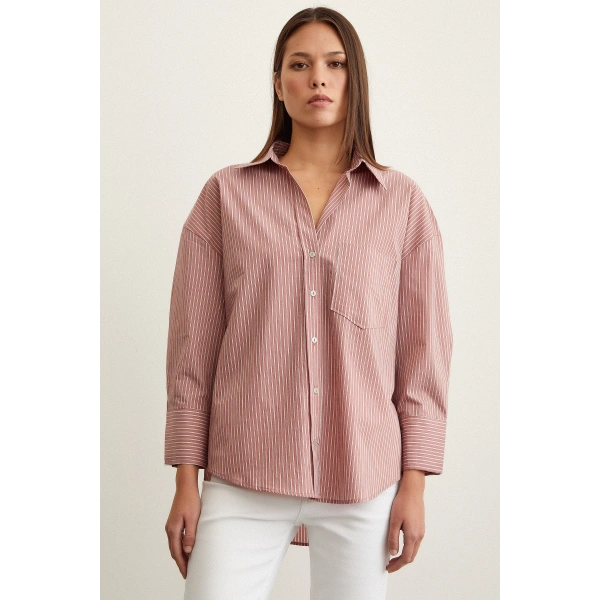 Çizgili Oversize Gömlek Gül Kurusu