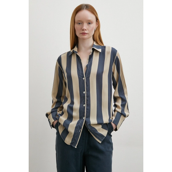 Çizgili Viskon Gömlek Kahve