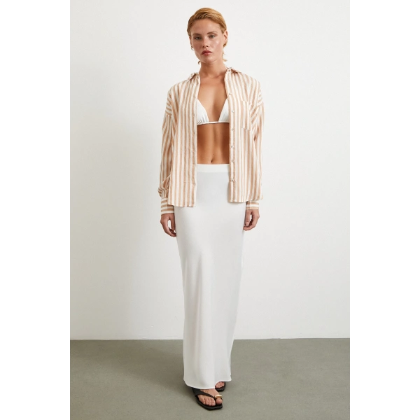 Multi Çizgili Cepli Gömlek Camel