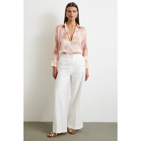 Ebruli Desen Saten GömleK Pembe