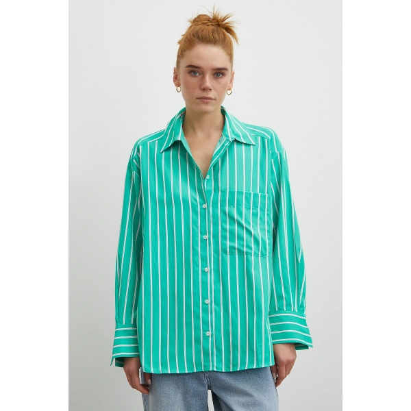 Çizgili Poplin Gömlek Yeşil