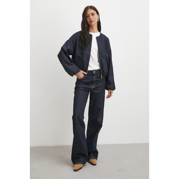 Beli Lastikli Fermuarlı Denim Görünümlü Bomber Ceket Lacivert