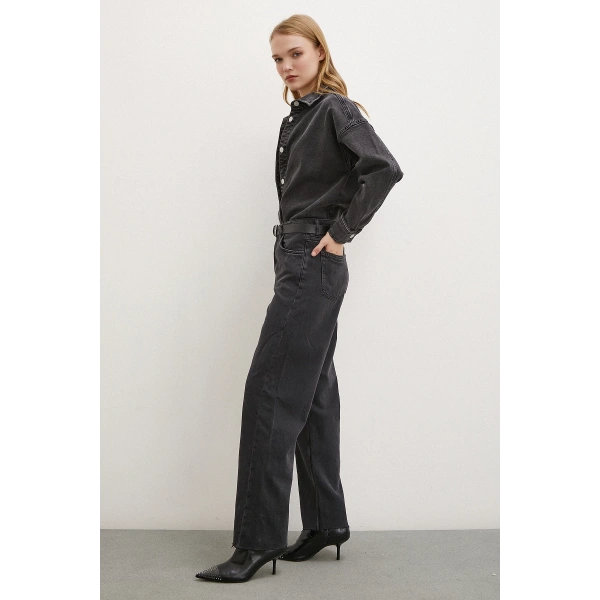 Yüksek Bel Kesik Paça Mom Jean Siyah