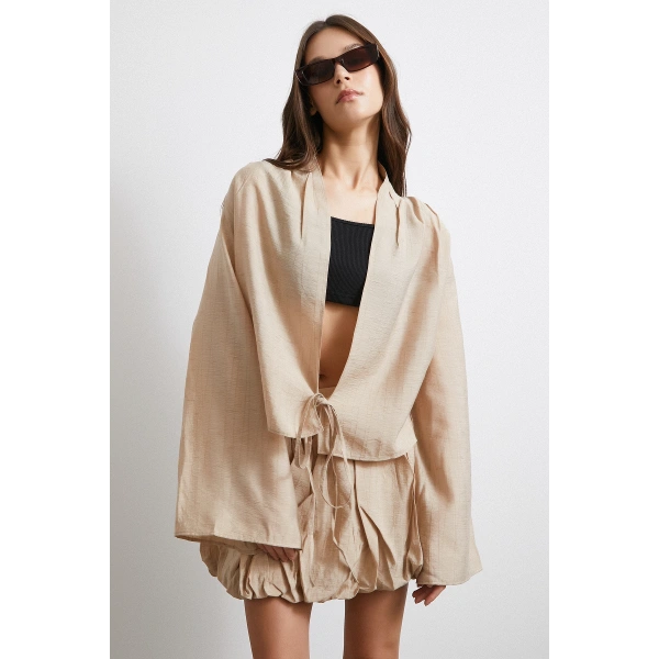 Geniş Kol Önden Bağlamalı Bluz Bej