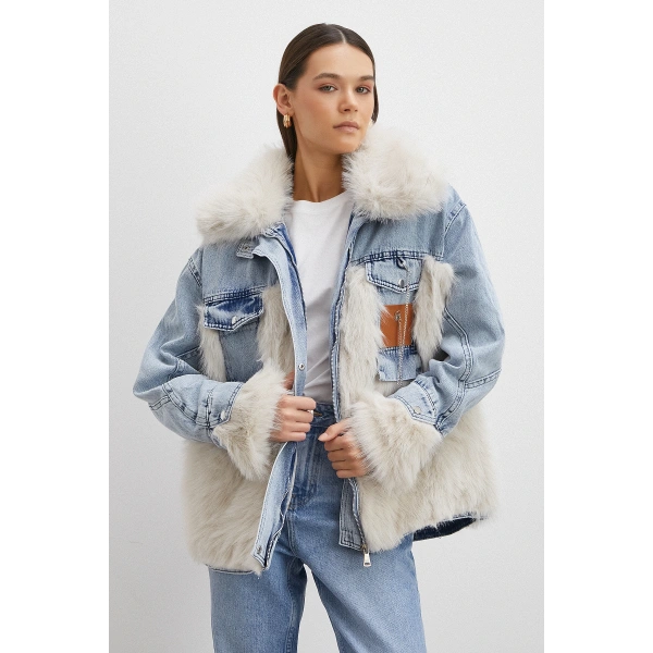 Kot Garnili Kürklü Mont Mavi