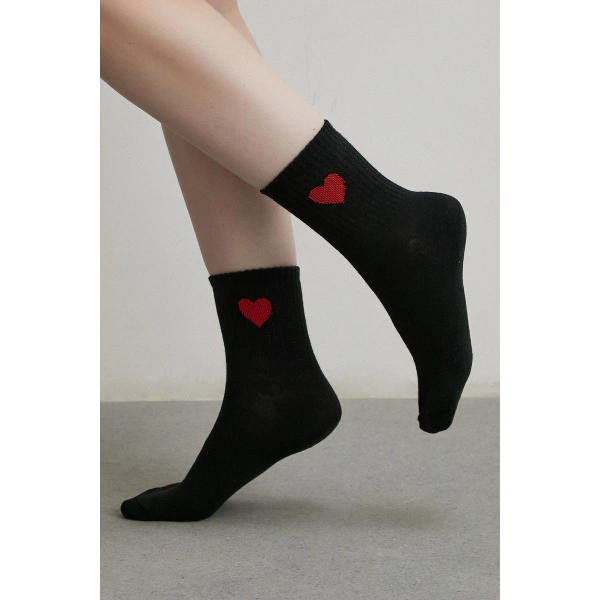 4 Lü Kalp İşlemeli Tenis Çorap Beyaz