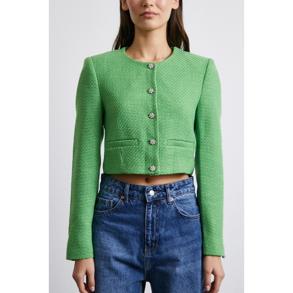 Cep Detaylı Düğmeli Tüvit Ceket Fıstık Yeşili