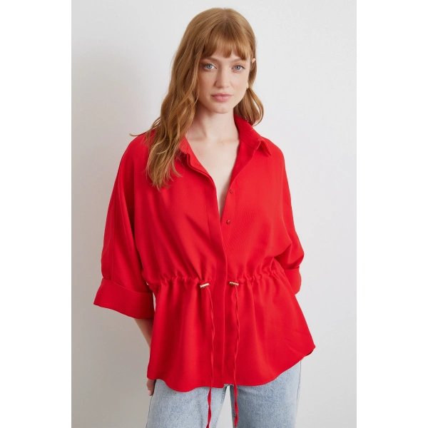 Büzgülü Kimono Gömlek Kırmızı