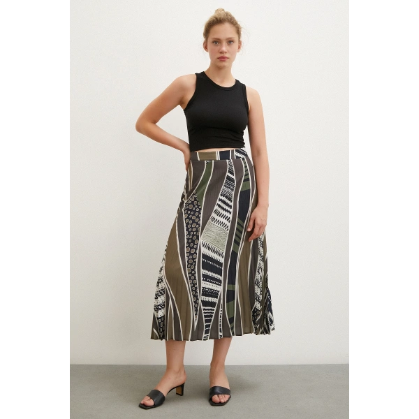 Desenli Piliseli Etek Haki