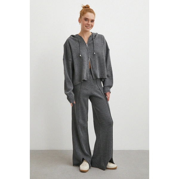 Çift Fermuarlı Kapüşonlu Pantolonlu Takım Gri