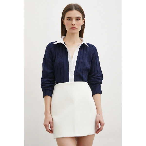 Gömlek Yaka İpek Hırka Lacivert