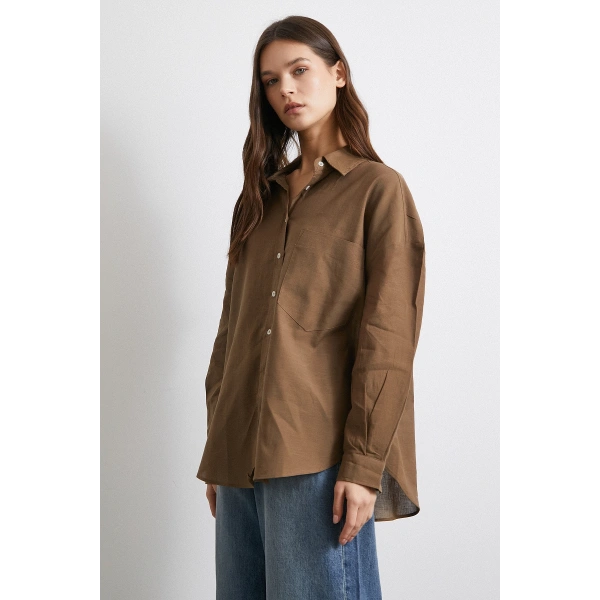 Cepli Oversize Keten  Gömlek Kahve