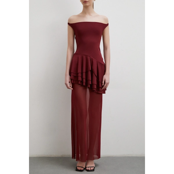 Boyun Askılı Fırfırlı Tül Elbise Bordo