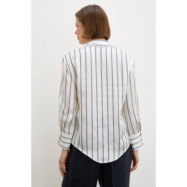 İnce Çizğili Şifon Gömlek Ekru