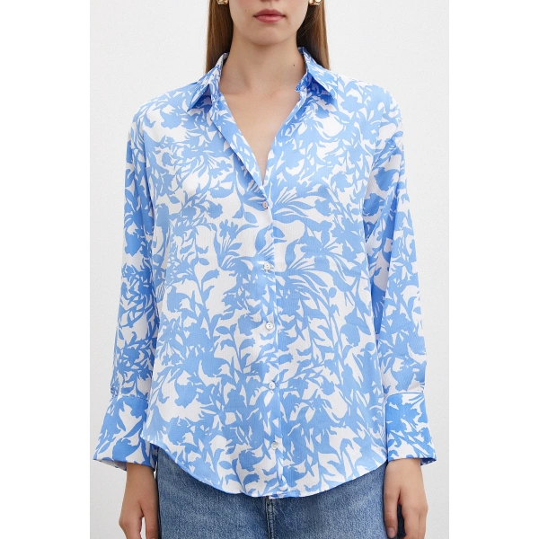 Desenli Gofret Saten Gömlek Açık Mavi