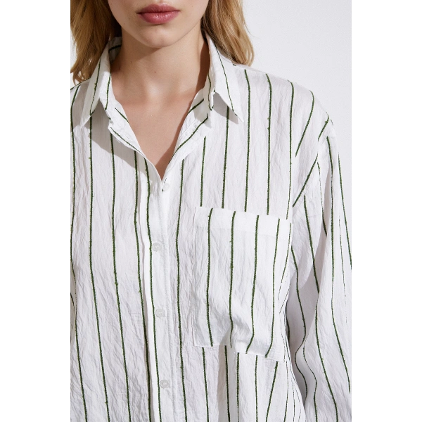 Çizgili Cepli Gömlek Yeşil