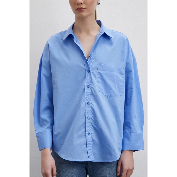 Oversize Pamuklu Gömlek Mavi