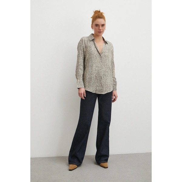 Leopar Desenli Viskon Saten Gömlek Krem